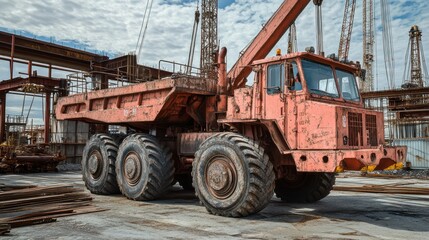 Obraz premium A large orange construction truck is parked on a concrete surface