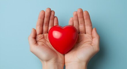 Cupped Hands Tenderly Hold a Red Heart Symbol on Light Blue Background for Love and Care