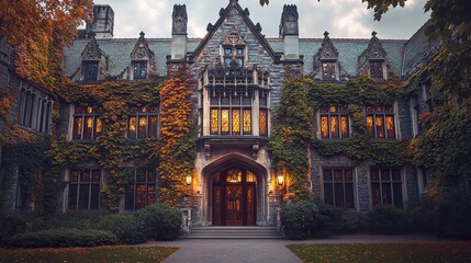 Obraz premium Regal university library highlighted by elaborate decorative motifs, steep gables, and ivy-covered walls glowing warm light frontal composition. 