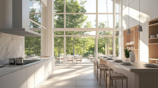 Kitchen with large windows, bright, modern, sleek, functional, airy, elegant, style of motif contemporary, architecture style Scandinavian, color scheme white and gray, ceramic tableware.