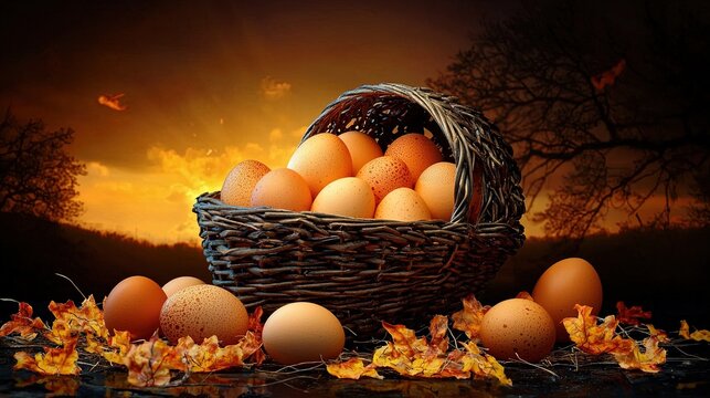 Basket of eggs at sunset, nestled among autumn leaves. - Powered by Adobe
