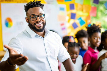 A man standing in front of a group of children in a classroom
