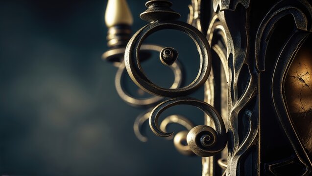 Intricate details of an ornate, dark metal chandelier. The swirling patterns and warm lighting create a luxurious and mysterious ambiance.