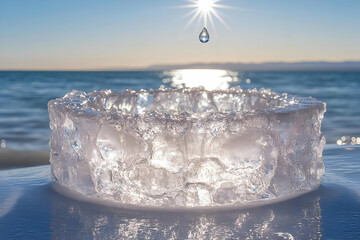 Ice Ring Formation On Frozen Lake With Water Drop And Bright Sunlight