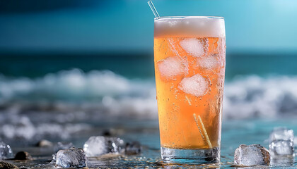 Iced Beer by the Ocean: Refreshing Drink on a Summer Beach