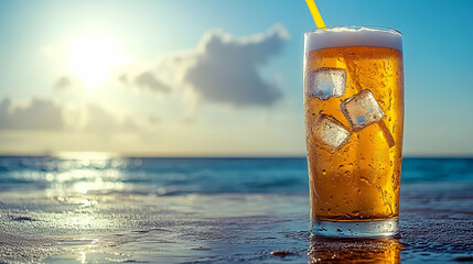 Iced Beverage by the Ocean at Sunset