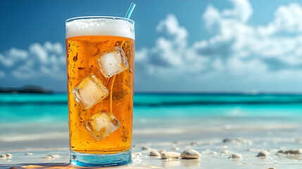 Iced Yellow Beverage in Glass on Sandy Beach
