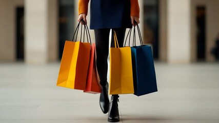 Stylish shopper holding colorful shopping bags in a modern shopping mall setting with vibrant colors and fashion details