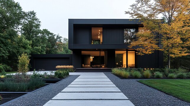 Sleek industrial warehouse exterior small office unit attached minimalistic design wide driveway clean and functional setting. 