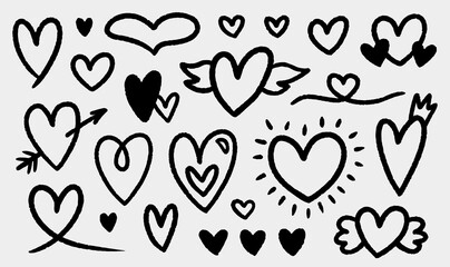 A set of cute ink hearts isolated on a gray background. Vector hand-drawn illustration in doodle style. Perfect for cards, decorations, various designs.