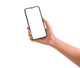 Hand holding smartphone with blank screen isolated. Premium high quality studio shot. Concept for technology, business, finance and advertising.