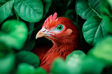 Fototapeta premium A red bird with green eyes peeking out from behind some green leaves
