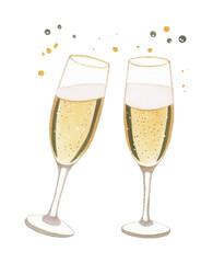 Celebratory toast with two champagne flutes clinking, cut out - stock png.