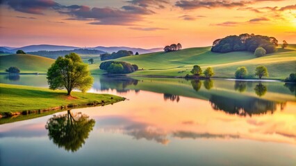 Serene Sunset Over Rolling Hills and Tranquil Lake Reflecting a Peaceful Landscape