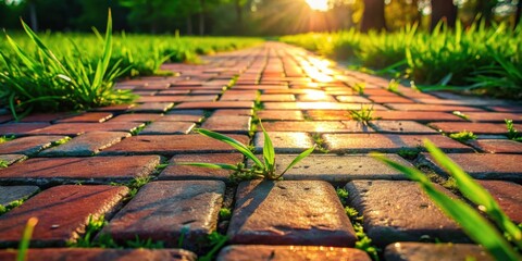 Golden Hour Pathway A resilient plant emerges, thriving amidst the brick stones, bathed in the warm glow of the setting sun, symbolizing nature's persistent beauty.