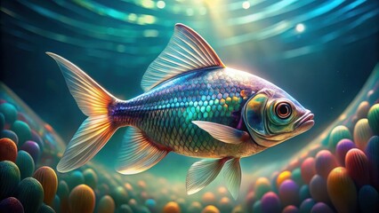 Fototapeta premium A Vibrant Iridescent Fish Swims Through a Dreamlike Underwater World of Colorful Organic Forms