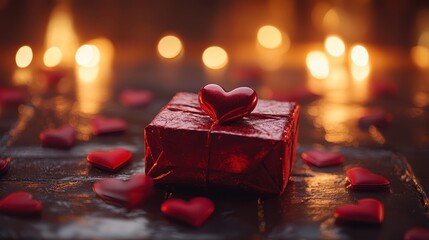 Romantic evening with heart-decorated gift and candlelight ambiance