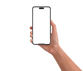 Hand holding smartphone with blank screen isolated. Premium high quality studio shot. Concept for technology, business, finance and advertising.