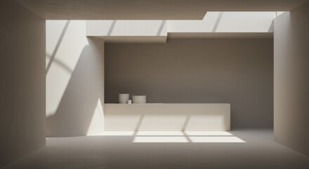 Fototapeta premium Minimalist Beige Room Interior with Sunlight and Shadows
