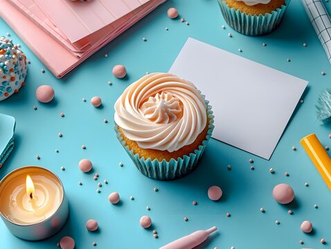 Celebratory cupcake and office supplies on a turquoise background