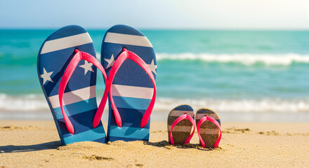 Flip Flops on Sandy Beach Featuring Turquoise Water and Sunny Sky Representing a Summer Vacation Scene