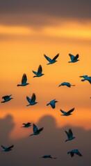 Obraz premium Silhouetted Birds Flying at Sunset
