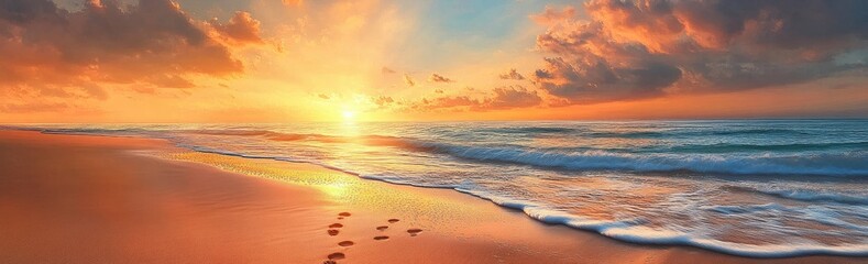 Golden sunset beach view, wave, sand, footprints, orange sky & horizon, peaceful nature