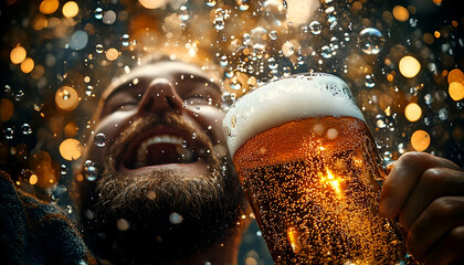 Joyful Man Toasting with Beer Under Golden Lights