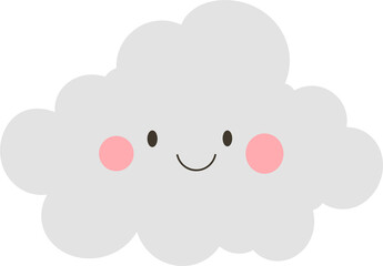 Cute cartoon cloud with a cheerful expression, pink cheeks, and a simple smile, against a black background. Weather icon element.