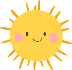 Fototapeta premium Cheerful cartoon-style sun with a cute face and rosy cheeks, radiating warmth and happiness with its bright yellow glow.