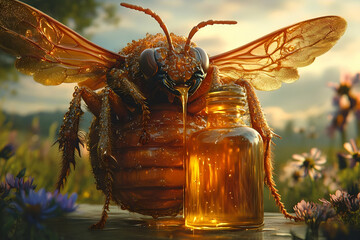 Large Golden Bee Pouring Honey into Bottle in Field