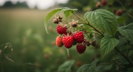 Obraz premium Ripe Red Raspberries on Green Bush Outdoors