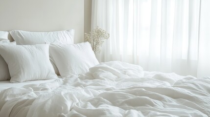 Cozy white bedroom with soft pillows and sunlit curtains
