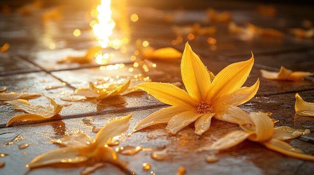 Golden flowers on wet tile