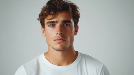 Fototapeta premium Young caucasian male with curly hair and pensive expression in white shirt on simple background
