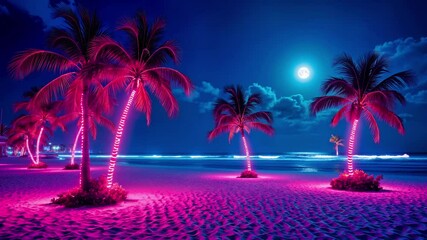 Tropical beach at night with neon pink illuminated palm trees along sandy shore. Bright full moon over tranquil blue ocean waves. Vibrant purple and aesthetic paradise with magical moonlight glow. - Powered by Adobe