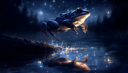 Leaping Frog in a Dark Blue Night Forest
