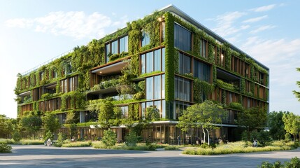 Obraz premium Sustainable office building featuring a green facade landscaped surroundings large windows bright and vibrant eco-design. 