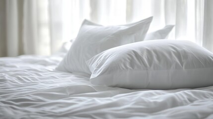 Serene white bedding with luxurious pillows in soft sunlight