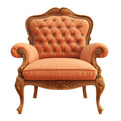 Elegant upholstered armchair with detailed wood frame against a dark background