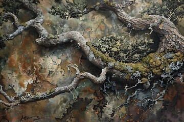 Fototapeta premium Intricate Moss Covered Branch Detail Painting Nature Art