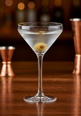 Classic Martini Cocktail with Olive on Wooden Bar