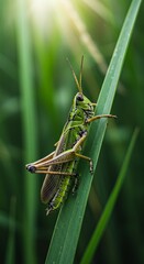 Green Grasshopper on Blade of Grass in Sunlight