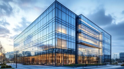 Fototapeta premium Towering glass facade of a high-rise commercial building reflecting sky and cityscape sleek and professional business setting. 