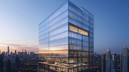 Fototapeta premium Towering glass office skyscraper sharp lines and shimmering windows rising against the city backdrop clean modern aesthetic. 