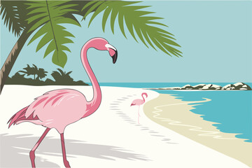 Pink Flamingos on a Tropical Beach Paradise