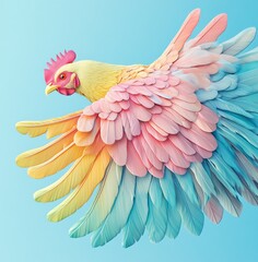 Obraz premium In a serene blue sky, a pastel-hued chicken with exceptionally soft feathers is seen floating in midair, exemplifying a unique blend of realistic and fantastical elements in animal conception