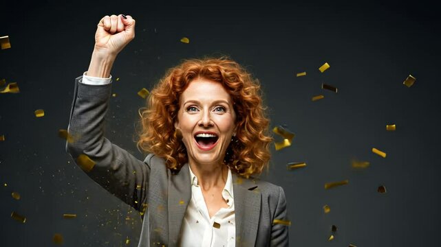 Enthusiastic celebration with falling gold confetti as woman cheers energetically