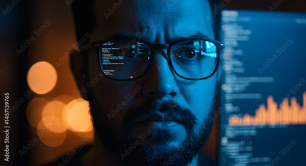 Poster intense programmer with glasses focused on code displayed on a screen in dimly lit room