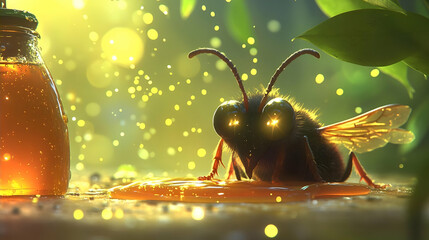 Magical Bee on Honey with Sparkling Light and Green Leaves